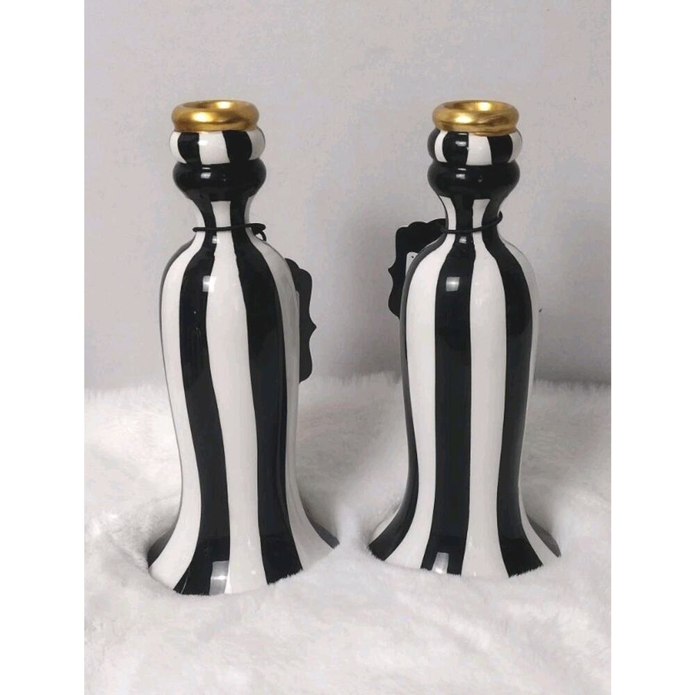 New Set Of 2 Black & White Striped Candle Stick Holders Designer Inspired - Picture 2 of 3